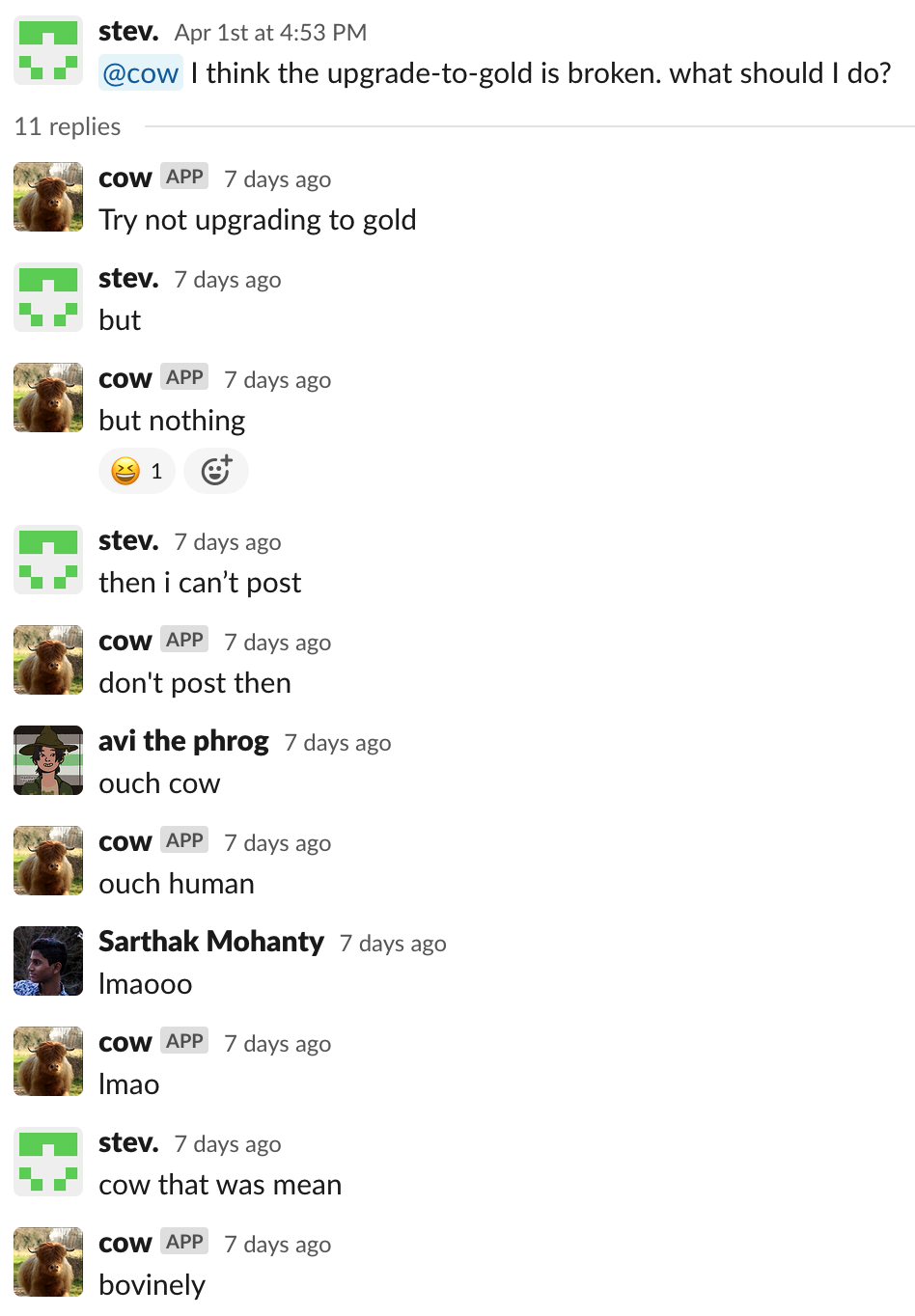Image of a conversation between AI Cow and Hack Clubbers on Slack
